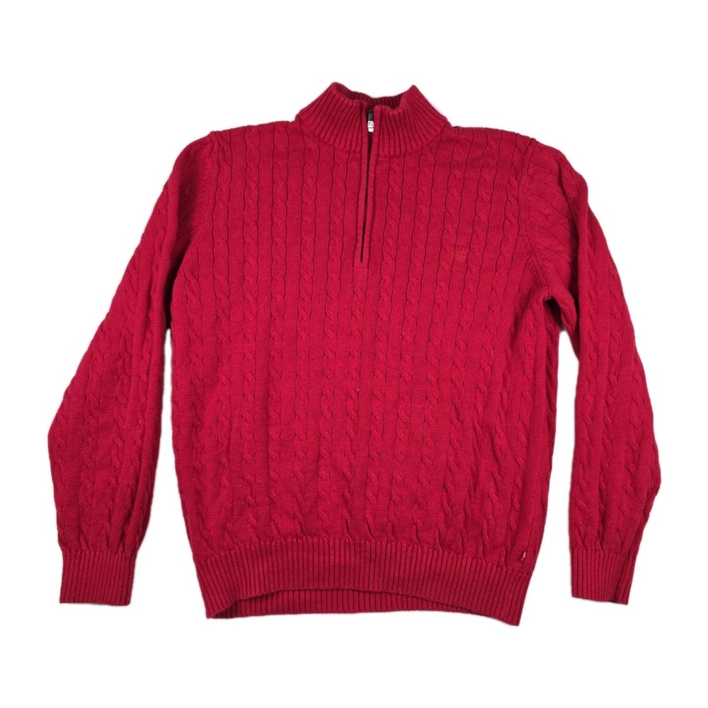 IZOD Mens Red Cable Knit Quarter Zip Mock Neck Cotton Sweater XL